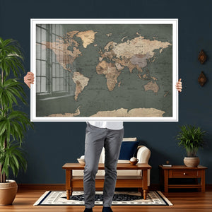 Rustic Black and Wood World Map Canvas Wall Art – Framed