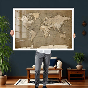 World Map Wall Art Canvas Print, Framed Map Art Picture