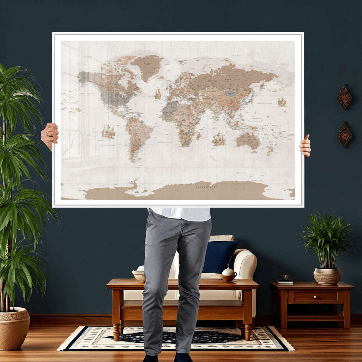 Framed Large World Map Canvas Print for Office Decor