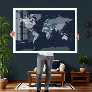 Blue Detailed World Map Wall Art Canvas Print, Modern Framed