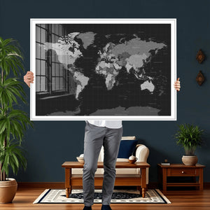 Black World Map Wall Art Canvas Print – Detailed Map of the