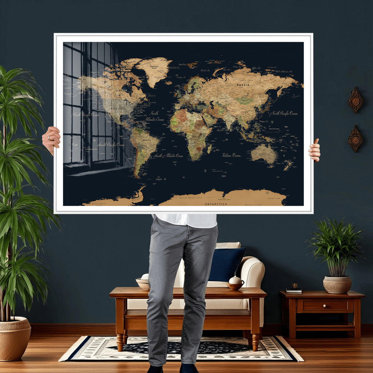 Vintage World Map Canvas on the Dark Background Wall Art