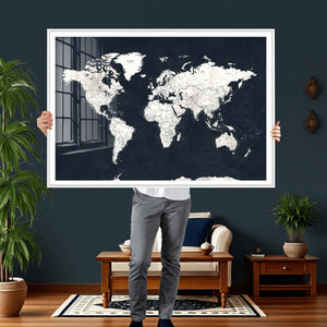 Black World Map Wall Art Canvas Print for Home Office and