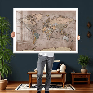 Grunge World Map Canvas Wall Art - Vintage Aged World Map