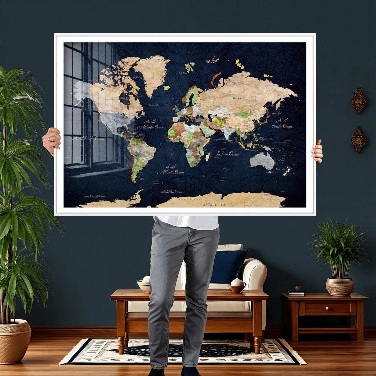 Minimalist World Map Canvas Wall Art - Watercolor Blue and