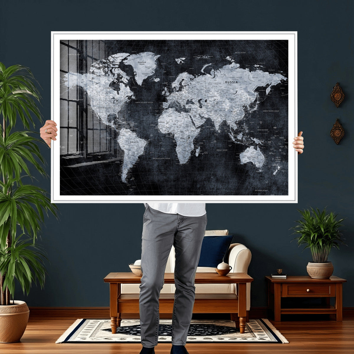 Black World Map Canvas Print – Detailed Map for Couples and
