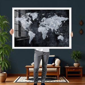 Black World Map Canvas Print – Detailed Map for Couples and