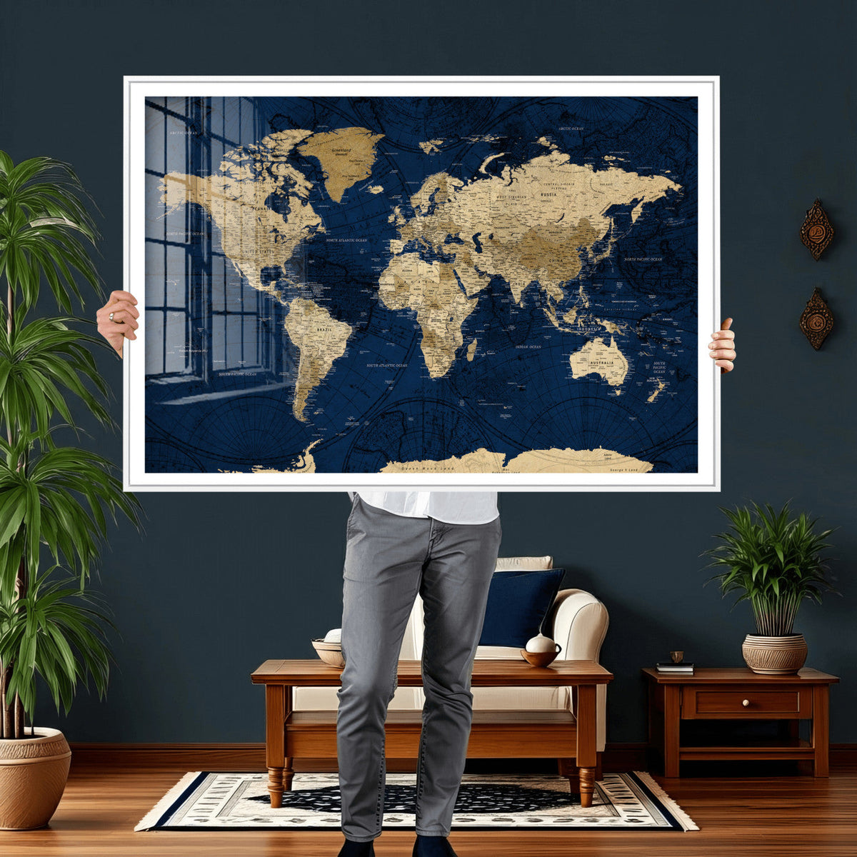 Navy Blue World Map Canvas Print – Detailed Map Minimal Navy