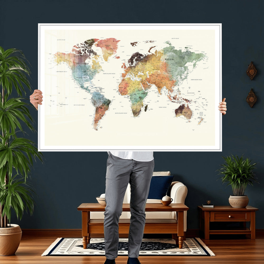 Framed World Map Wall Art Canvas Print for Living Room and