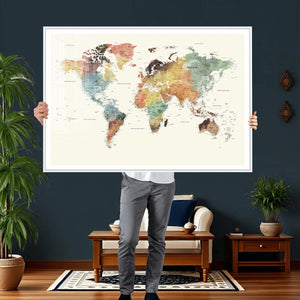Framed World Map Wall Art Canvas Print for Living Room and