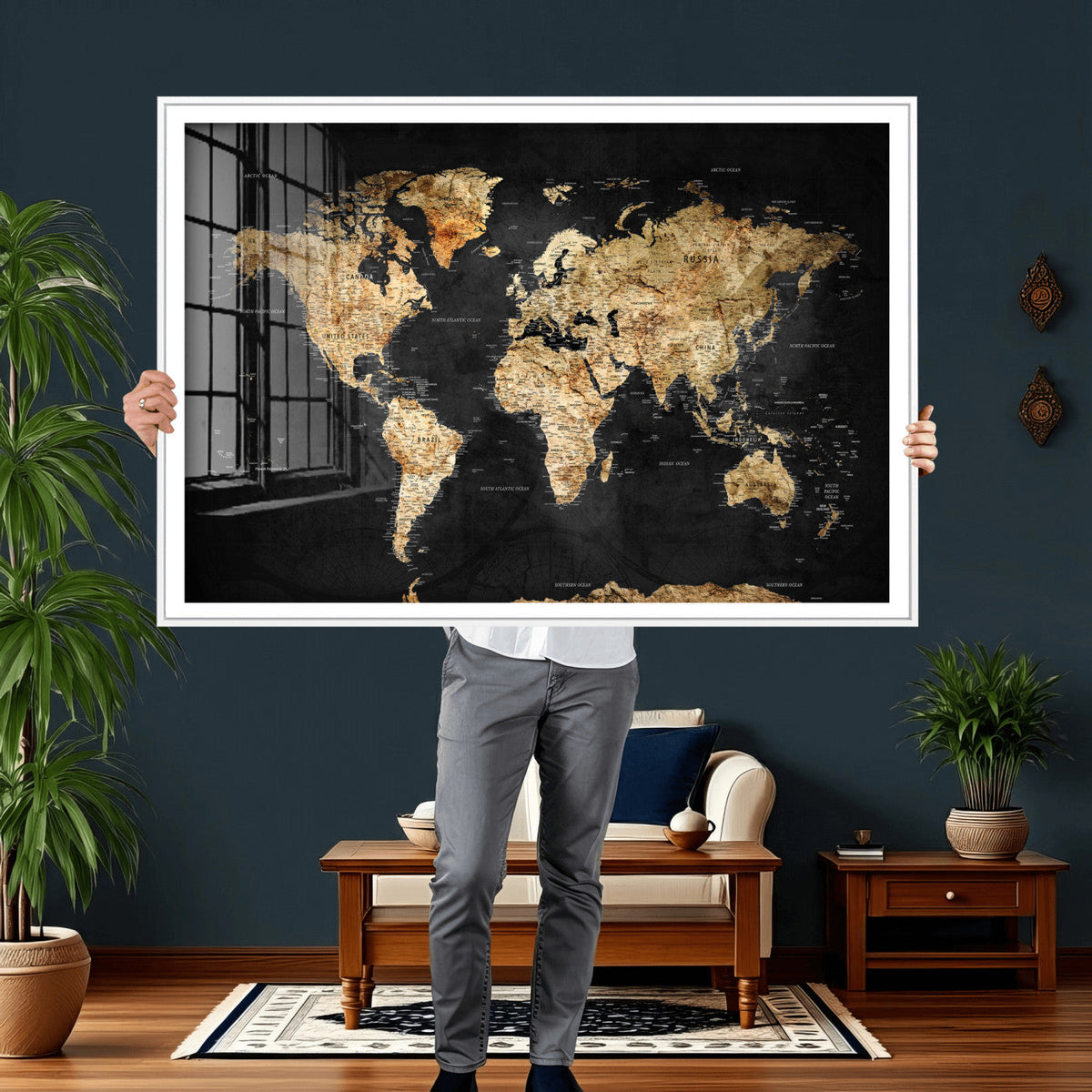 World Map Canvas Wall Art with Famous Landmarks – Framed