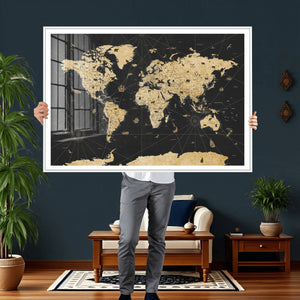 Vintage Blue and Brown World Map Canvas Wall Art – Framed