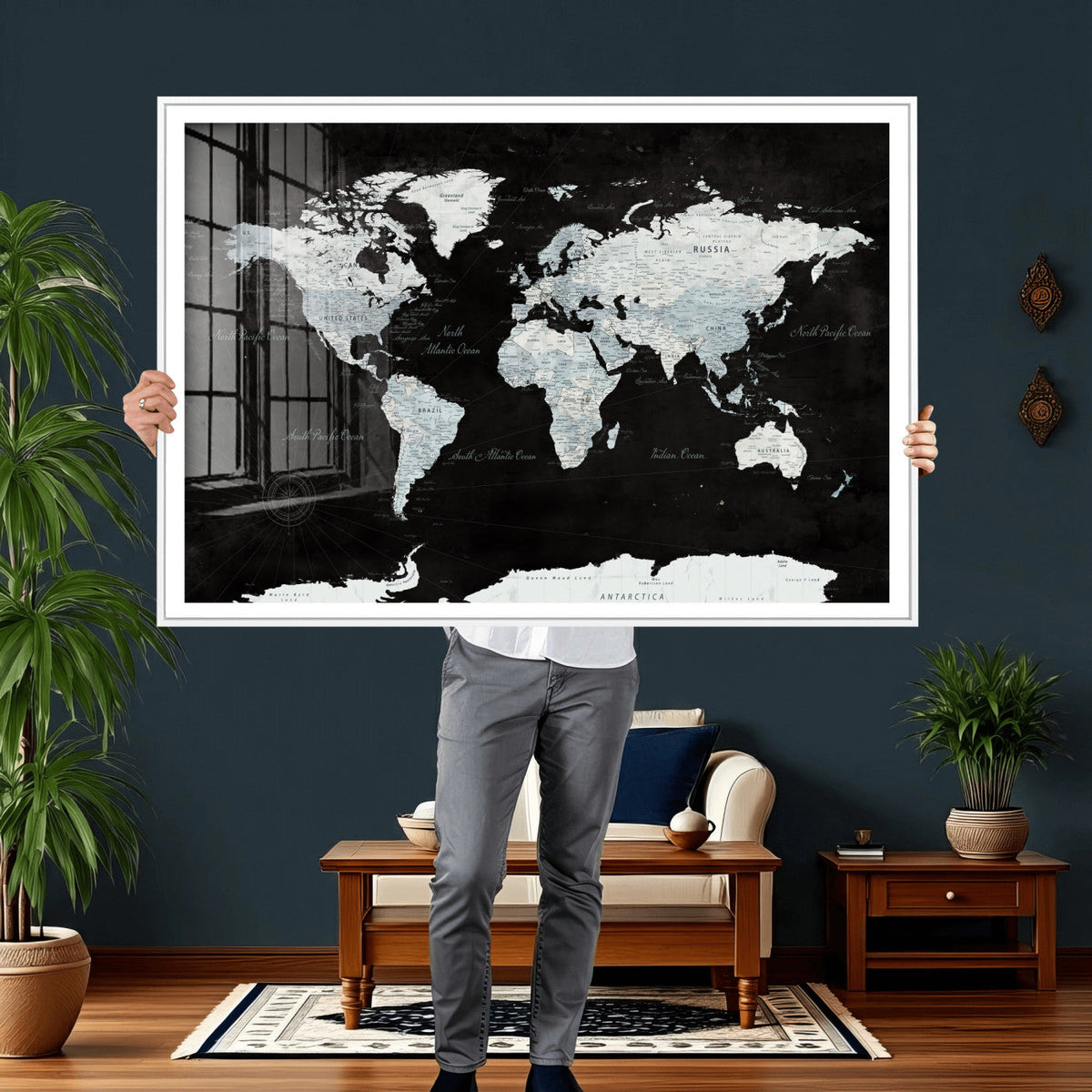 World Map Canvas Print – Framed Push Pin Wall Art, Color