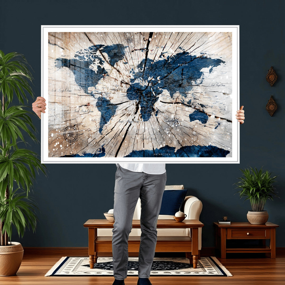 Rustic World Map Canvas Print – Framed Wall Art for Couples,