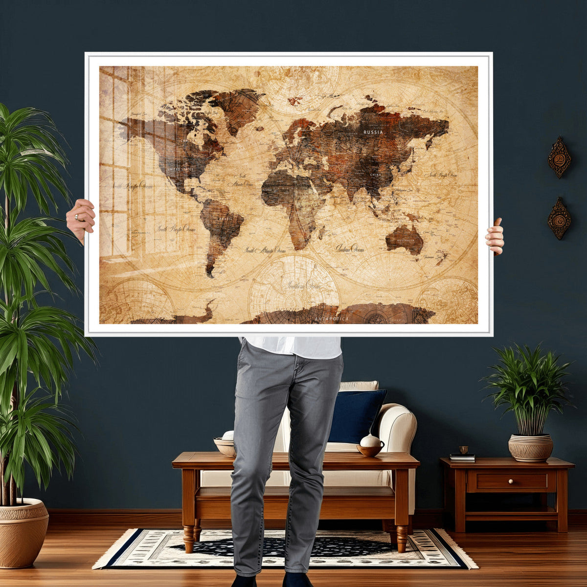 Modern Red and Gray World Map Canvas Print – Framed Wall Art