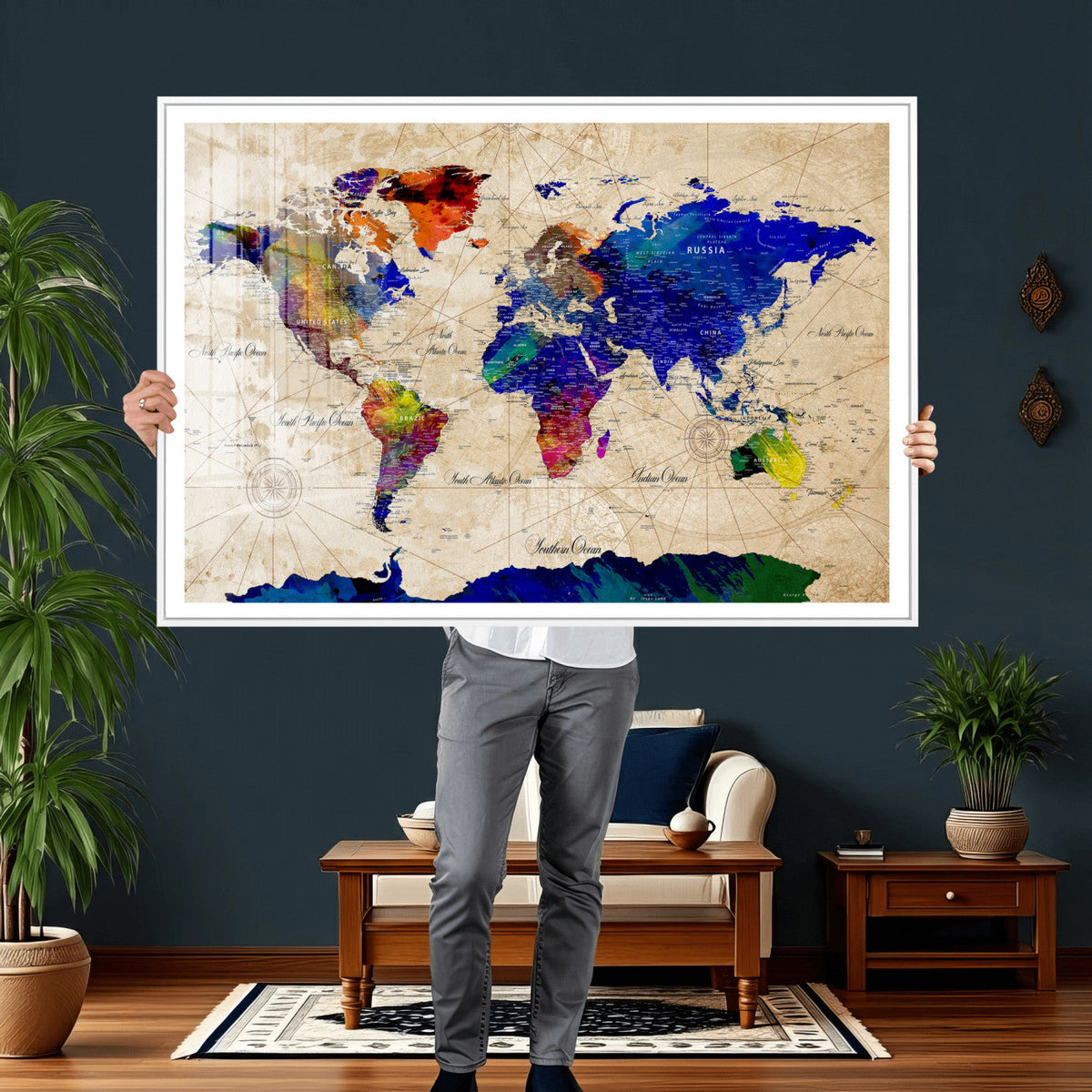 Watercolor World Map Canvas Print – Framed Wall Art for