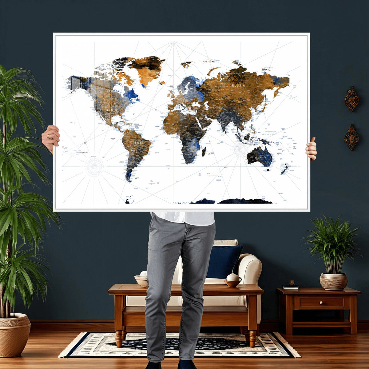 World Map Wall Art Canvas Print, Modern Decorative Framed