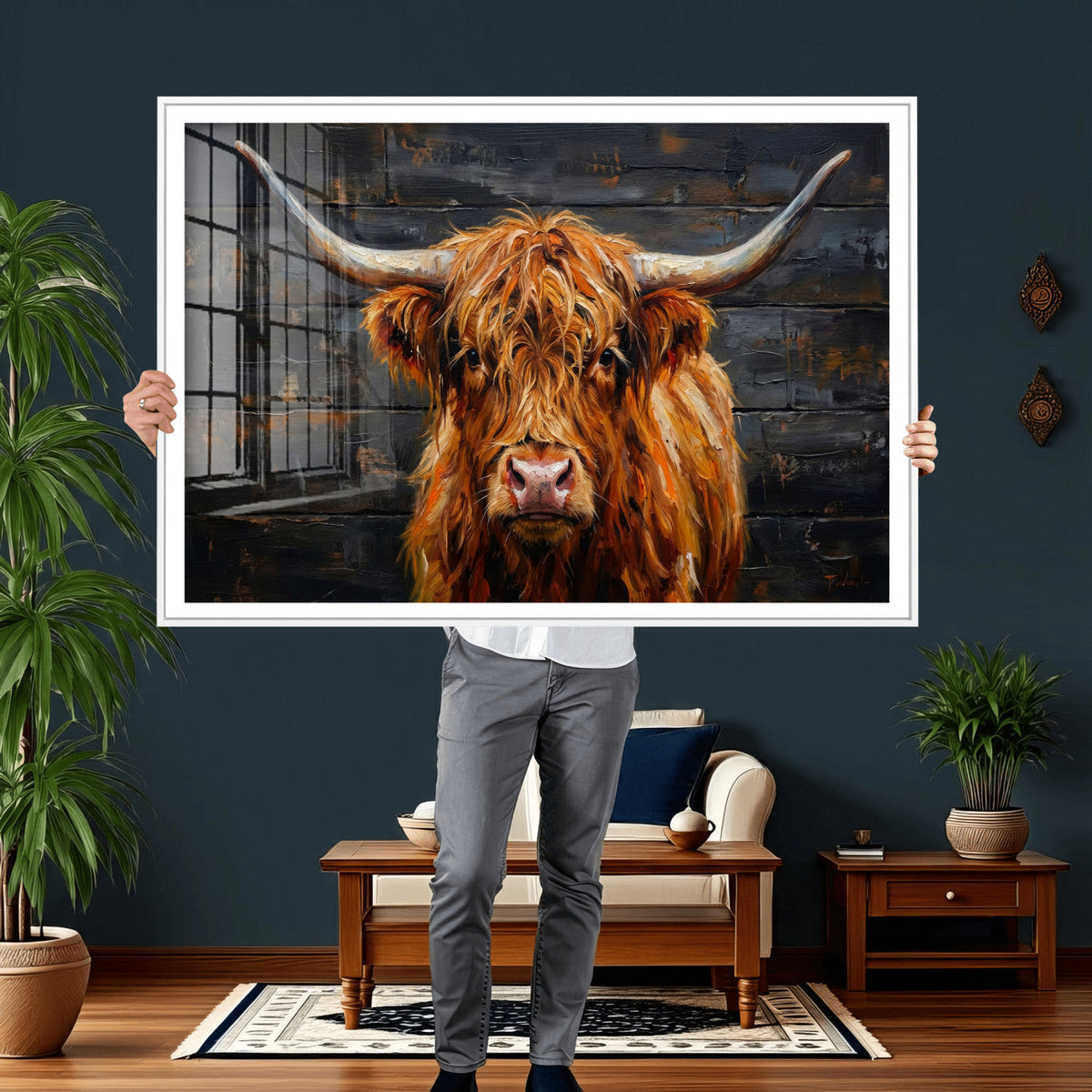 Highland Cow Wall Art Canvas Print, Rustic Farm Animal