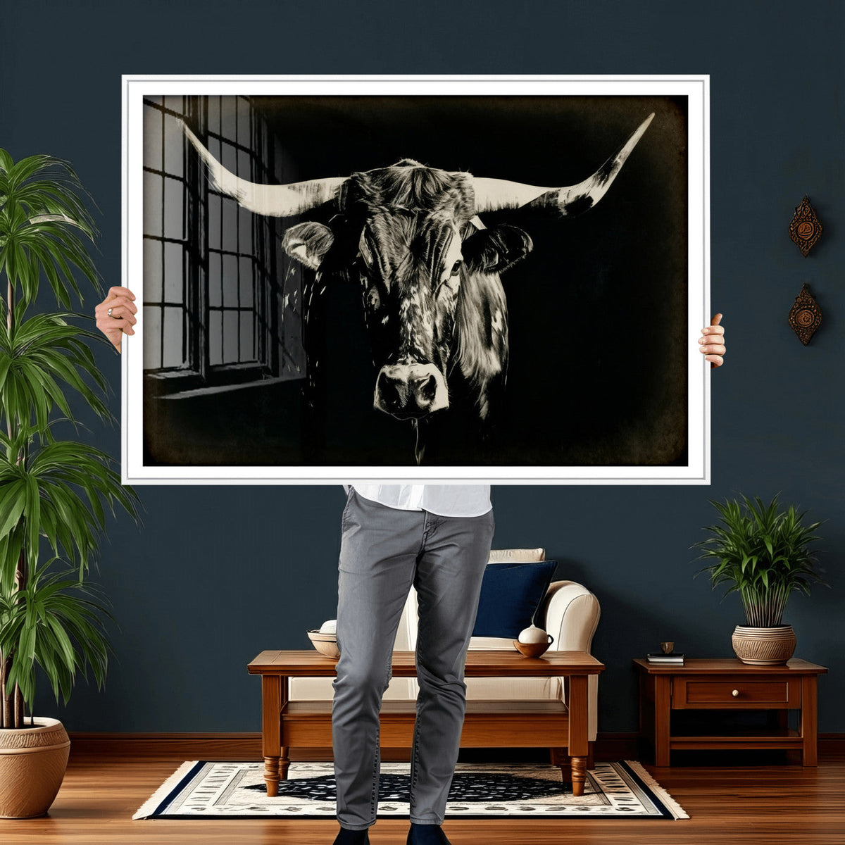 Black Bull Wall Art Canvas Print, Texas Longhorn Portrait