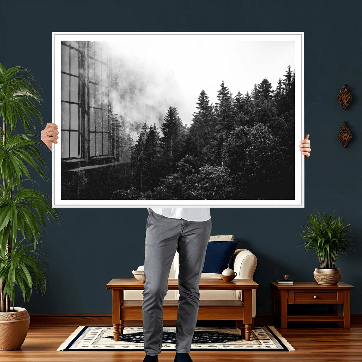 Black White Forest Wall Art Canvas Print, Misty Pine Tree