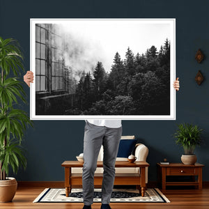 Black White Forest Wall Art Canvas Print, Misty Pine Tree