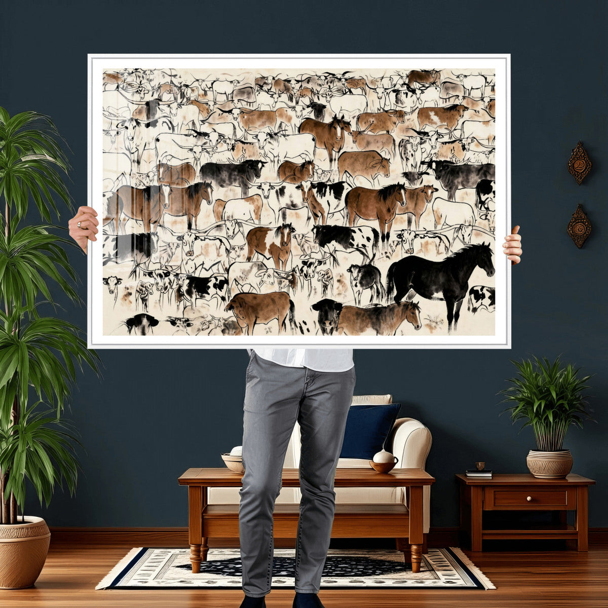 Farmhouse Animals Horse Longhorn Cow Wall Art Canvas Print -