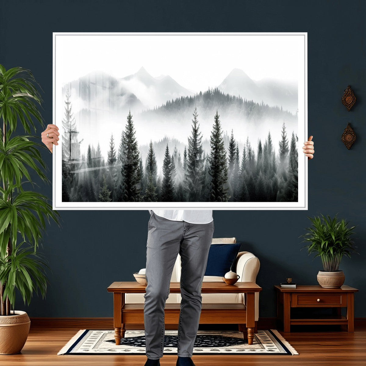 Misty Pine Forest Mountain Landscape Wall Art Canvas Print