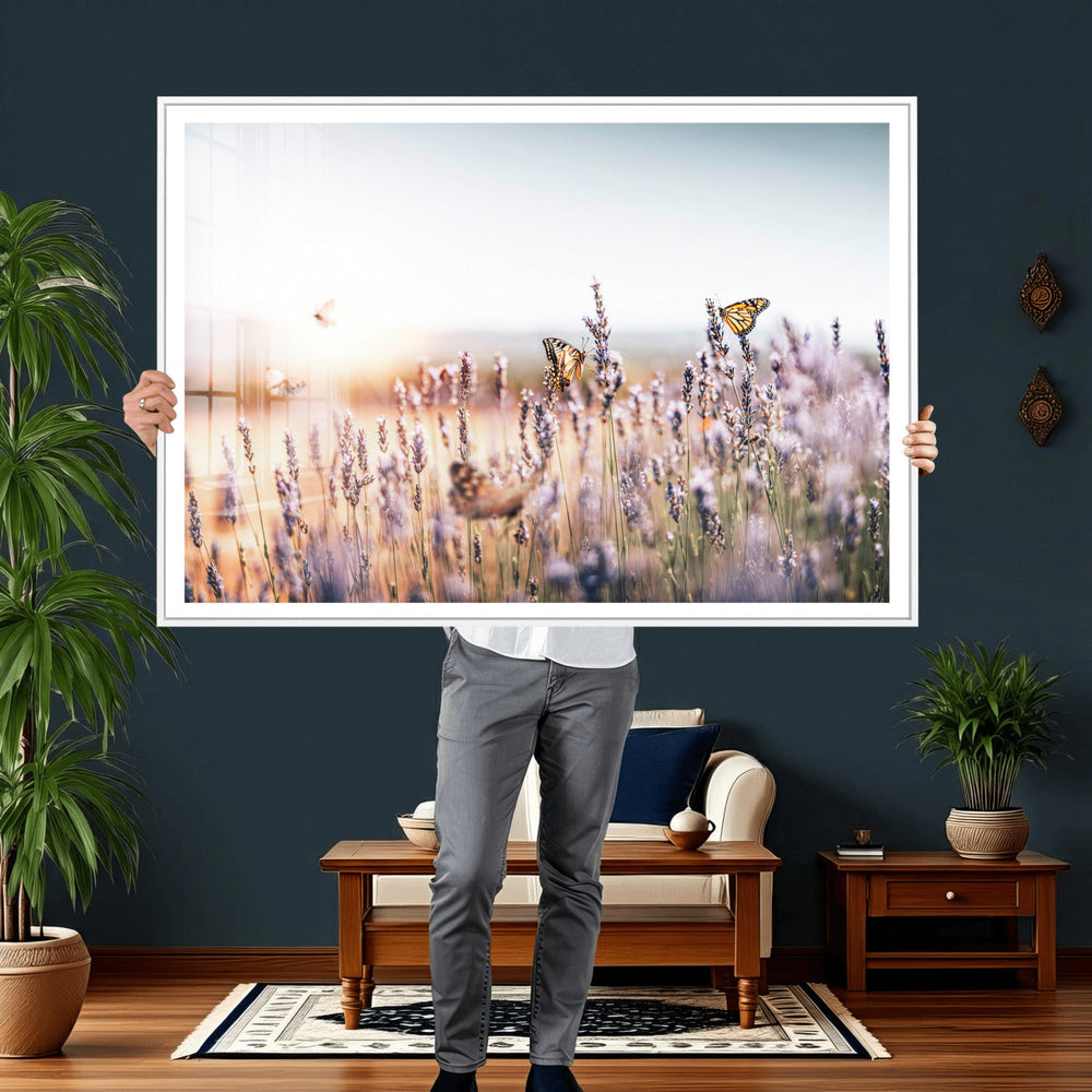 Lavender Field Wall Art Canvas Print, Butterfly Floral