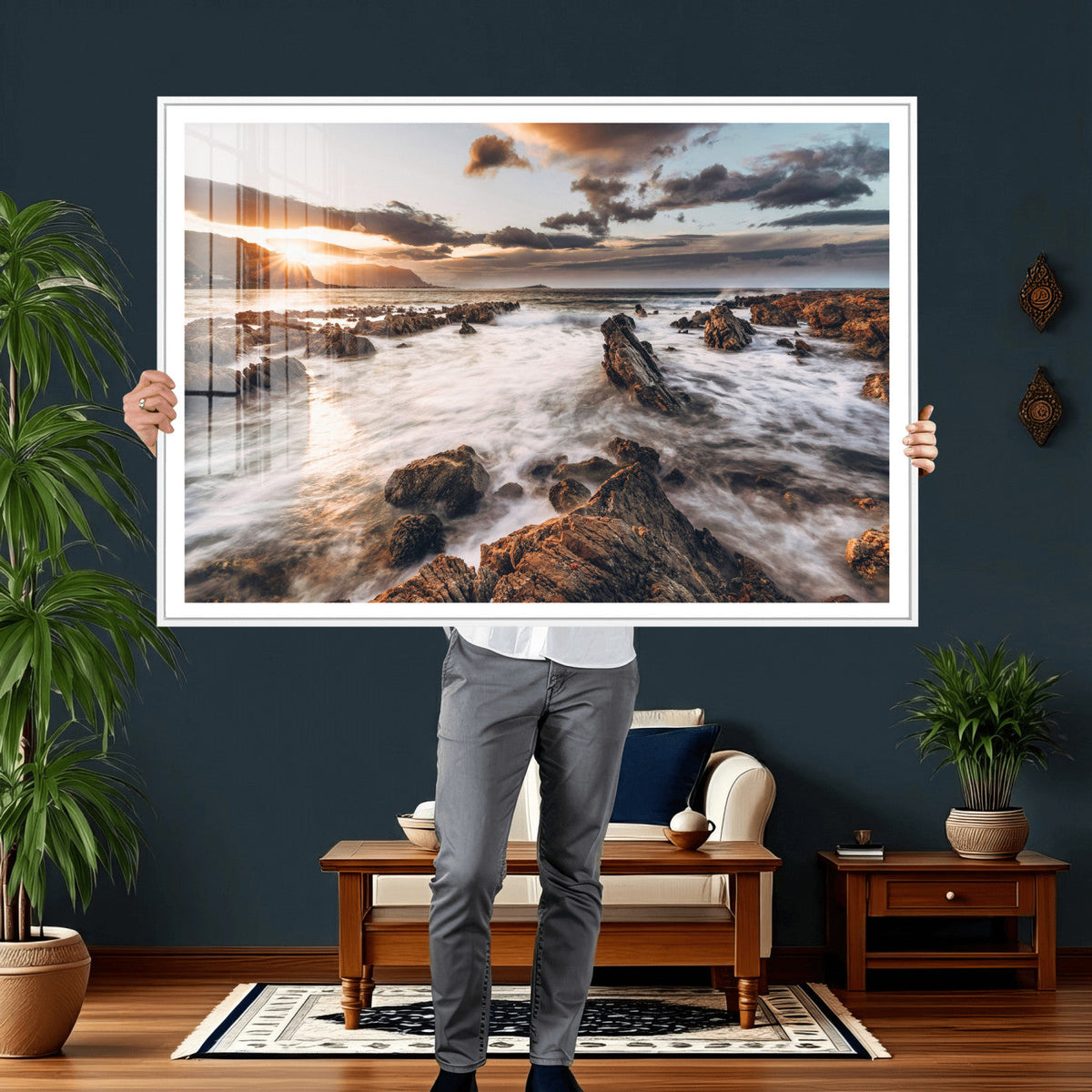 Rocky Coast Ocean Sunset Wall Art Canvas Print, Dramatic
