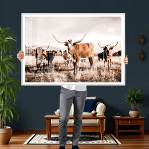 Texas Longhorn Cattle Wall Art Canvas Print, Sepia Western