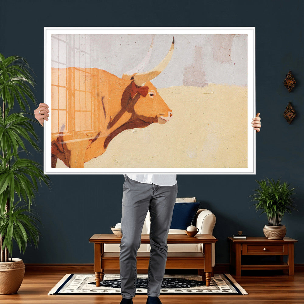 Minimal Longhorn Bull Wall Art Canvas Print, Neutral Western