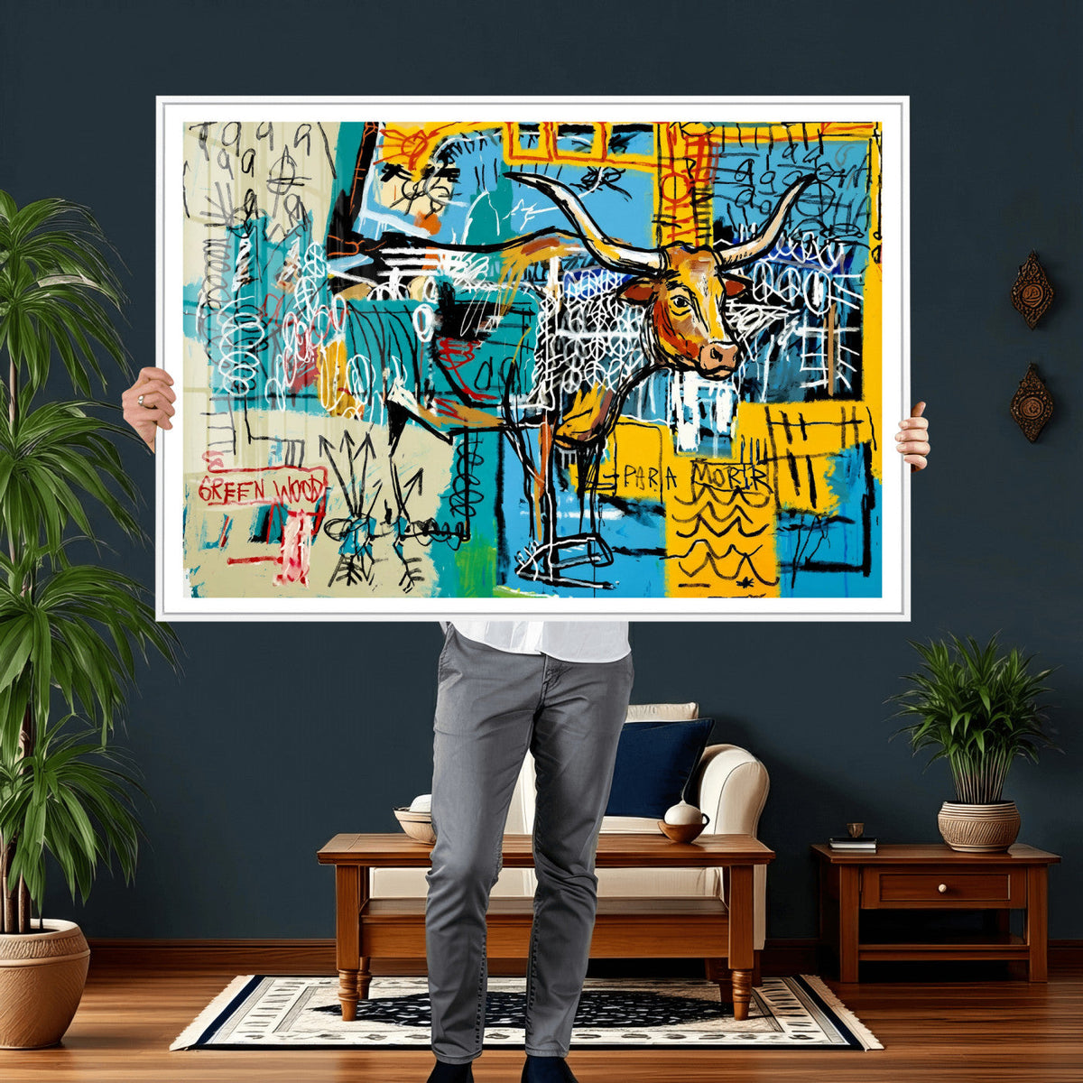 Basquiat Style Bird Bull Graffiti Wall Art Canvas Print,