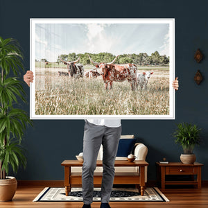 Texas Longhorn Cattle Wall Art Canvas Print, Rustic Ranch