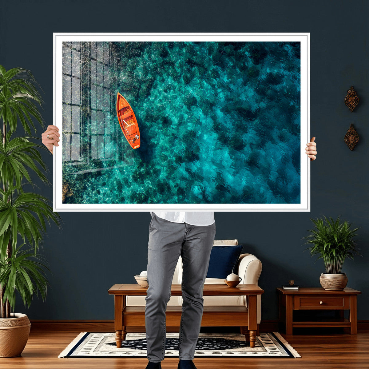 Turquoise Ocean Boat Wall Art Canvas Print