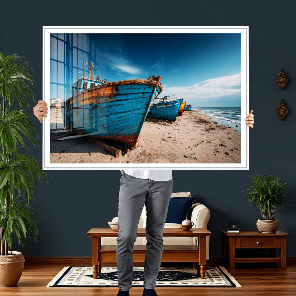 Coastal Fishing Boats Wall Art Canvas Print, Sunset Beach