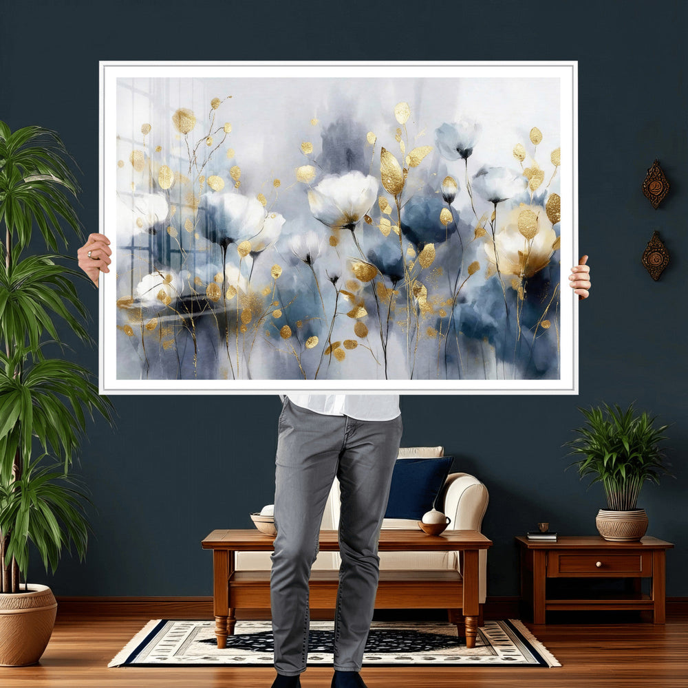 Large Abstract Flowers Wall Art Canvas Print – Gold and Blue