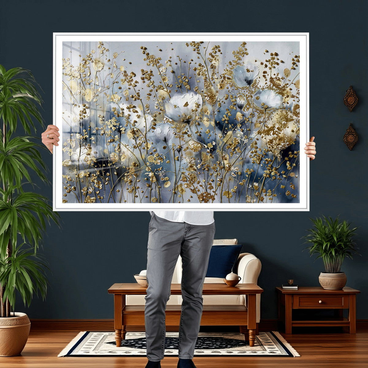 Abstract Floral Wall Art Canvas Print – Gold and Blue