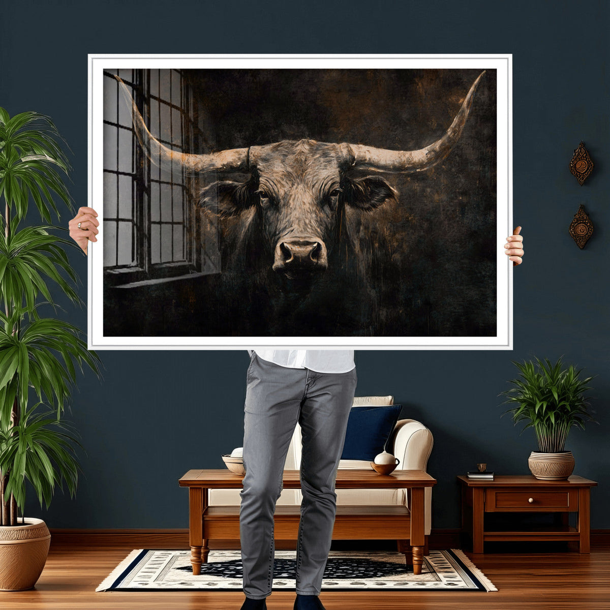 Vintage Longhorn Bull Wall Art Canvas Print – Rustic Western