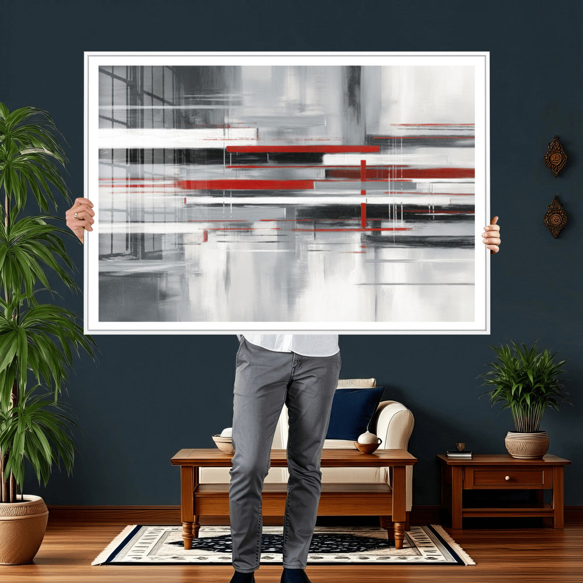 Gray Red Abstract Wall Art Canvas Print, Modern Abstract