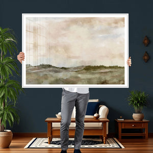 Muted Watercolor Hill Landscape Print — Beige Taupe Cloudy