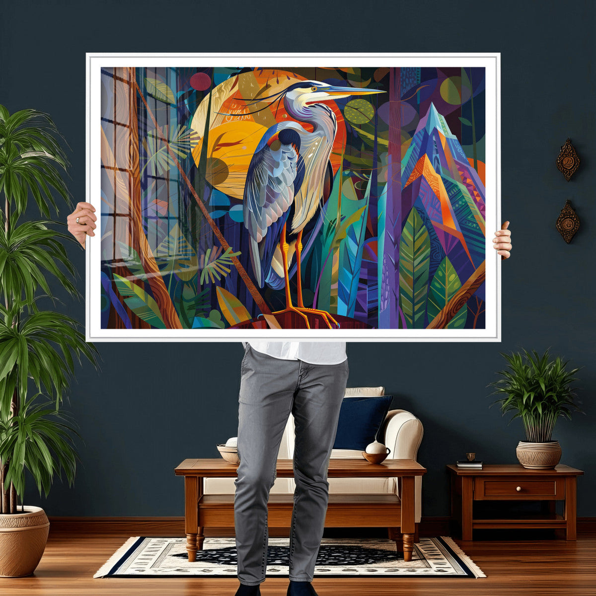 Colorful Heron Wall Art Canvas Print Tropical Bird Abstract
