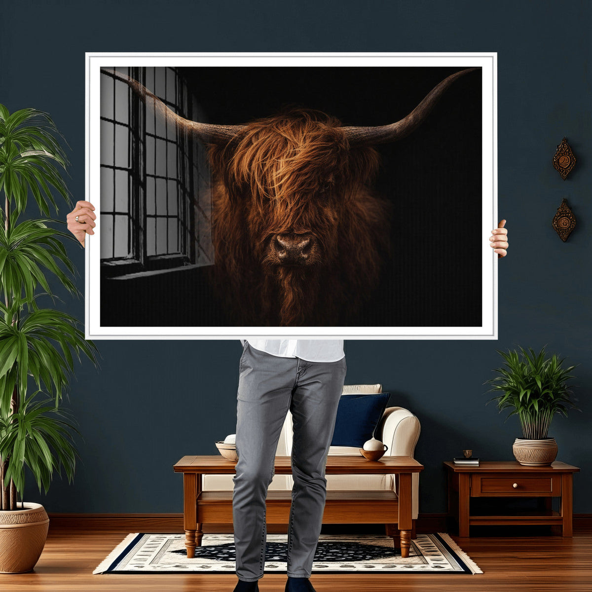 Highland Cow Wall Art Canvas Print – Moody Dark Rustic