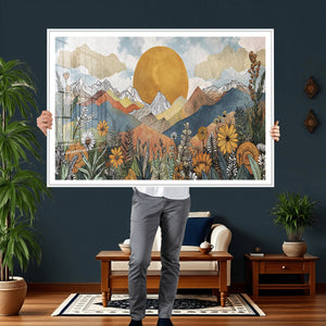 Boho Mountain Landscape Large Wall Art, Horizontal Gold