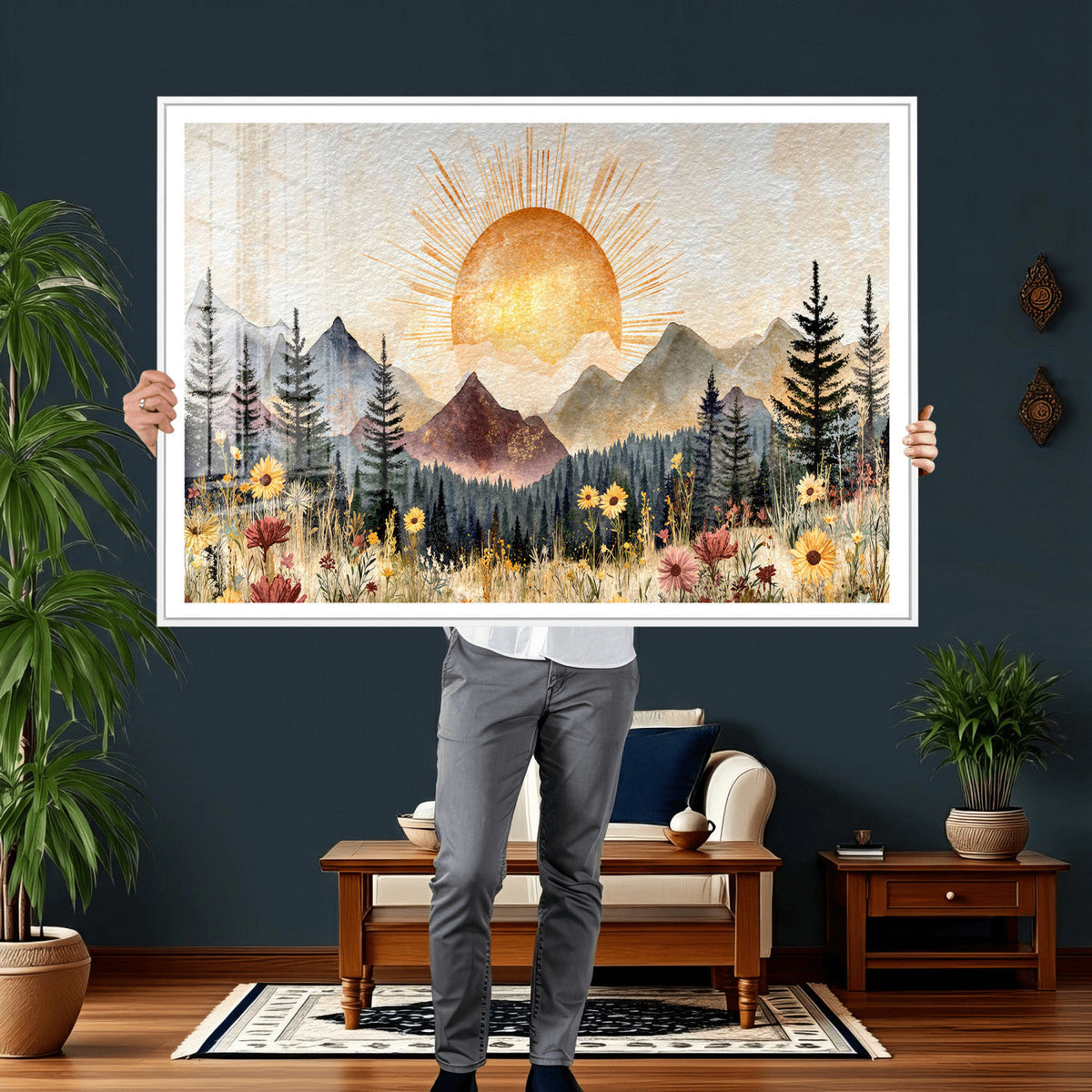 Boho Mountain Landscape Large Wall Art, Horizontal Gold