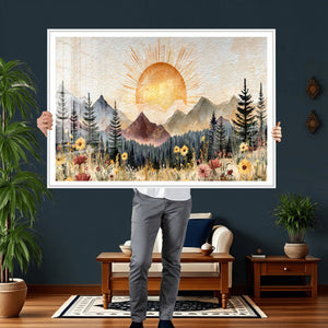 Boho Mountain Landscape Large Wall Art, Horizontal Gold