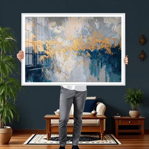 Blue Gold Abstract Large Framed Canvas Wall Art, Modern