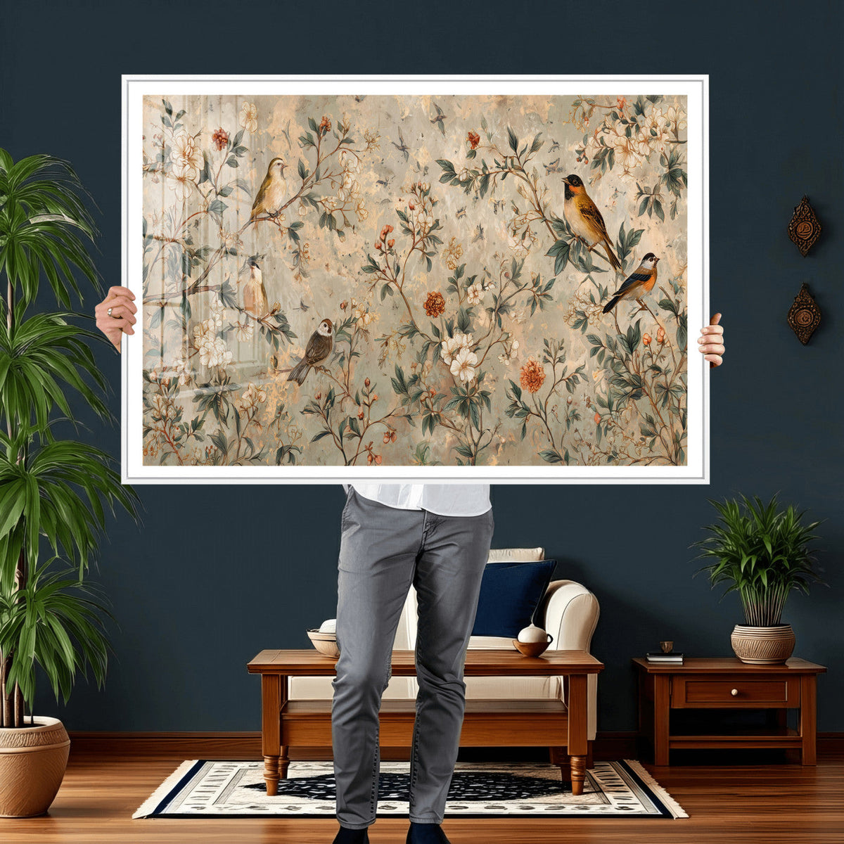 Vintage Birds and Flowers Wall Art Canvas Print, Botanical