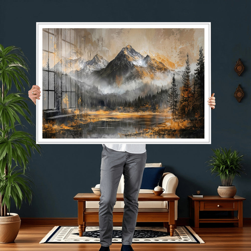 Mountain Lake Canvas Wall Art — Rustic Forest Landscape