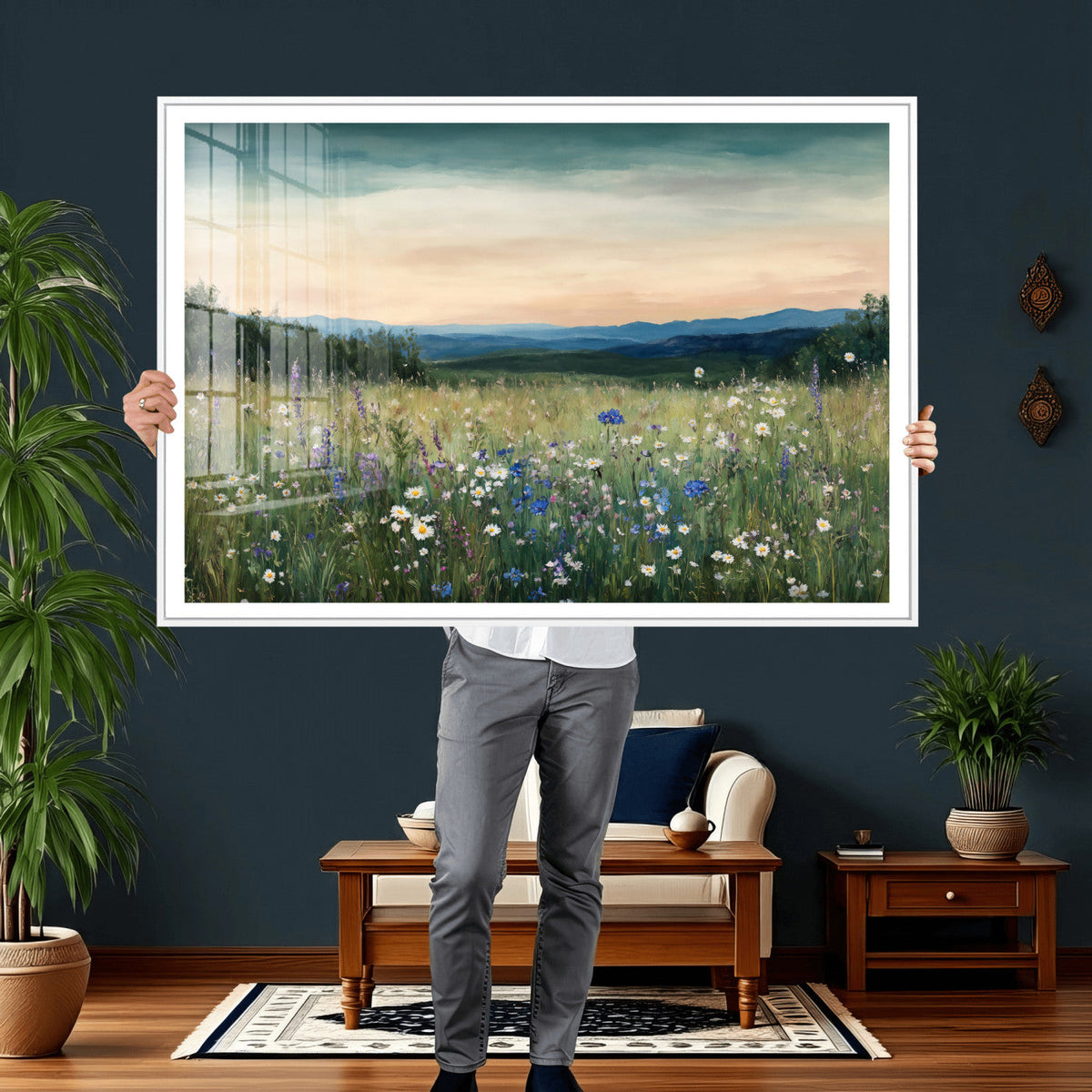 Wildflower Meadow Oil Painting Canvas — Daisy Lavender