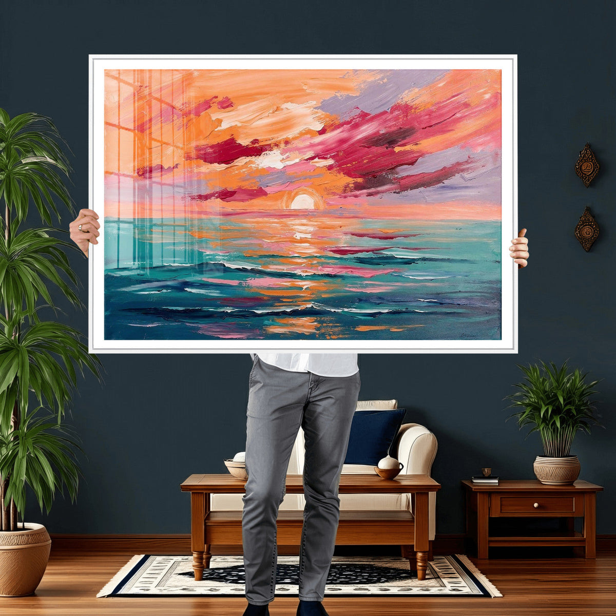 Bold Palette Knife Ocean Sunset Canvas — Orange Pink Teal
